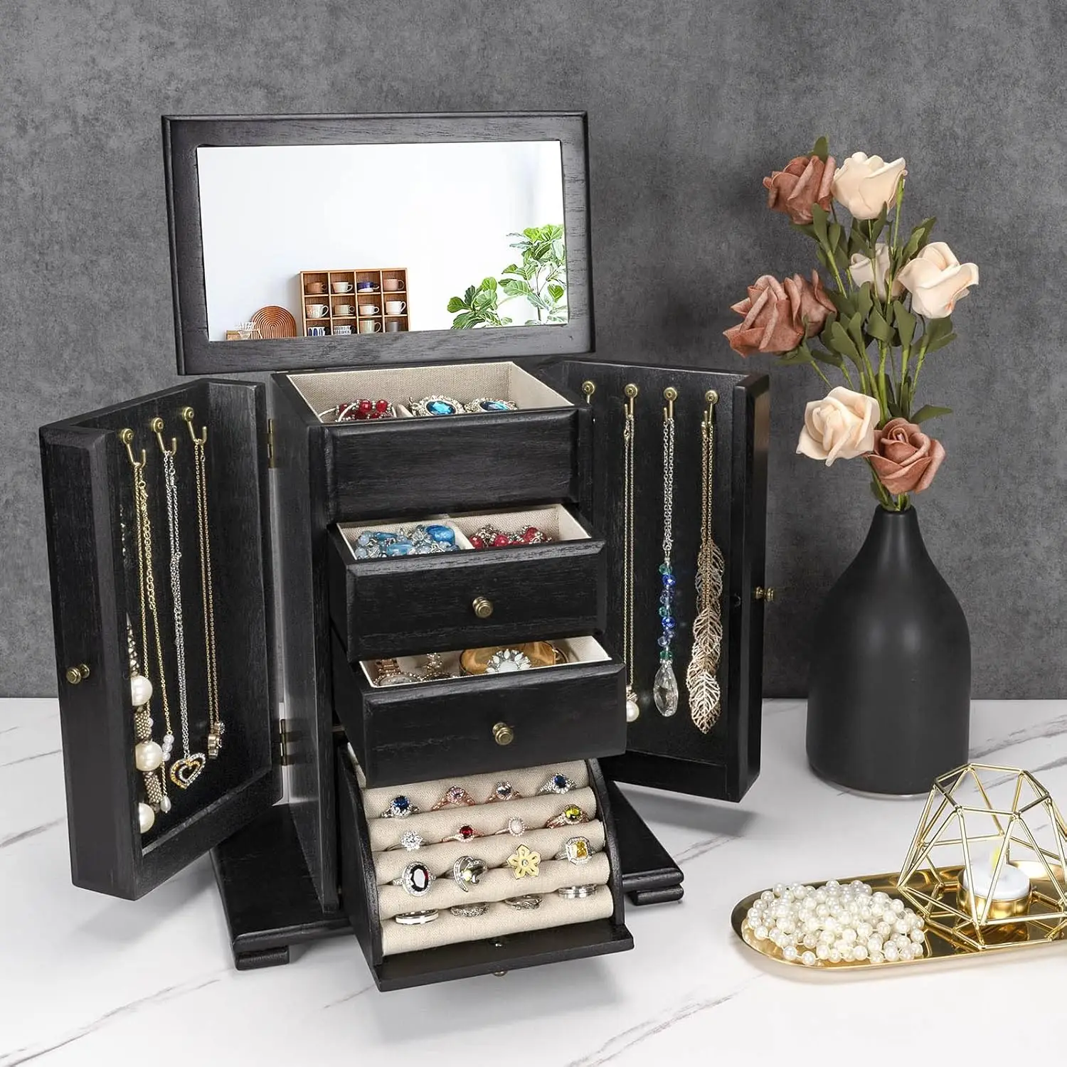 Jewelry Box for Women, Rustic Wooden Jewelry Boxes & Organizers with Mirror, 4 Layer Jewelry Organizer Box Display