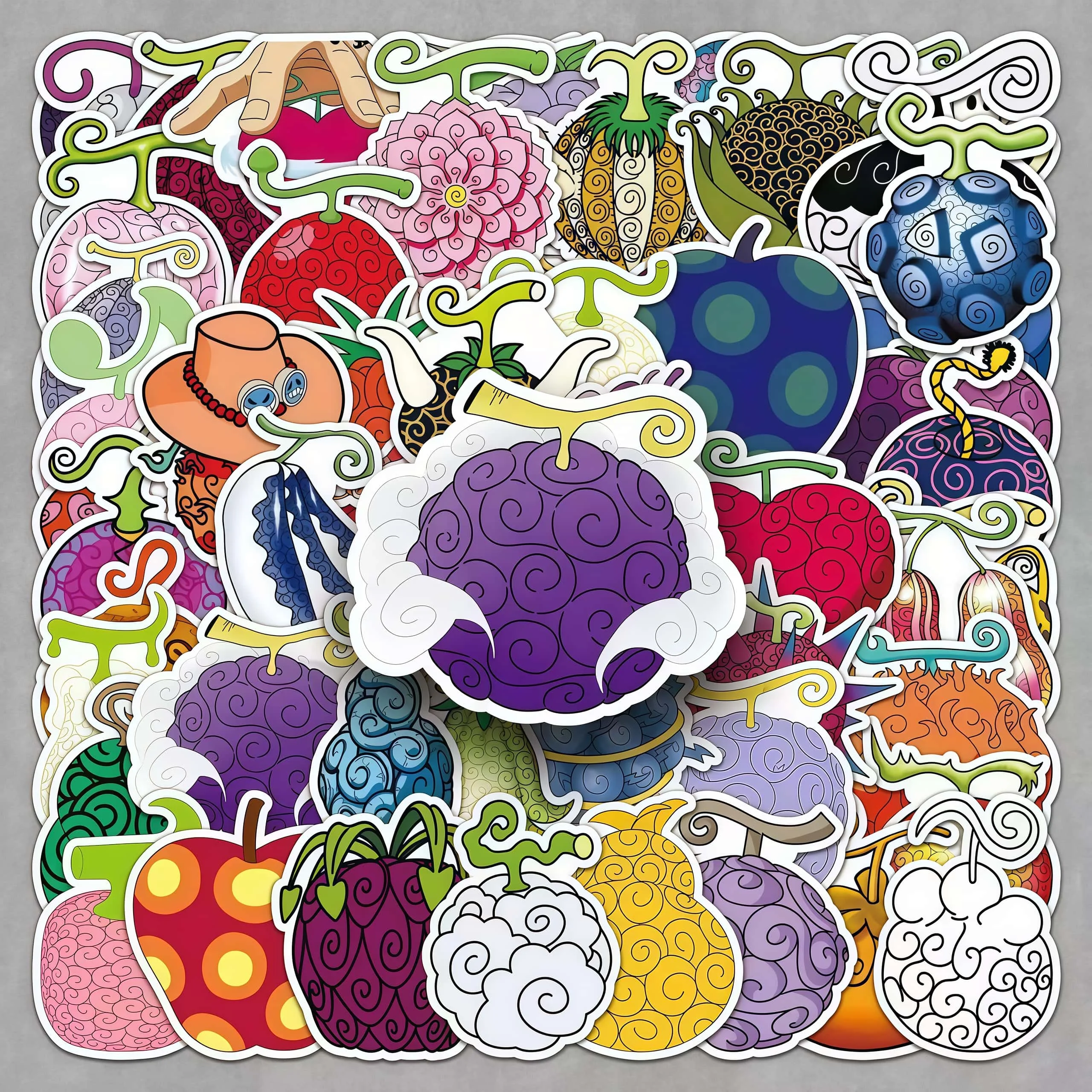 

50Pcs One Piece Devil Fruit Sticker Pack, Colorful Swirl Pattern Anime Fruit Decals for Laptop, Water Bottle & Scrapbook DIY
