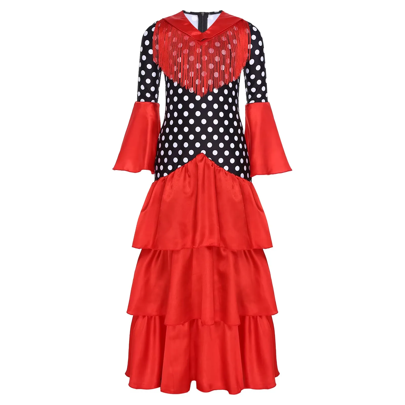 Kinder Mädchen Flamenco-Tanzkleid Performance-Kostüm, ausgestellte Ärmel, abgestuftes Rüschenkleid, gepunktetes Print-Kleid, spanische Tanzbekleidung
