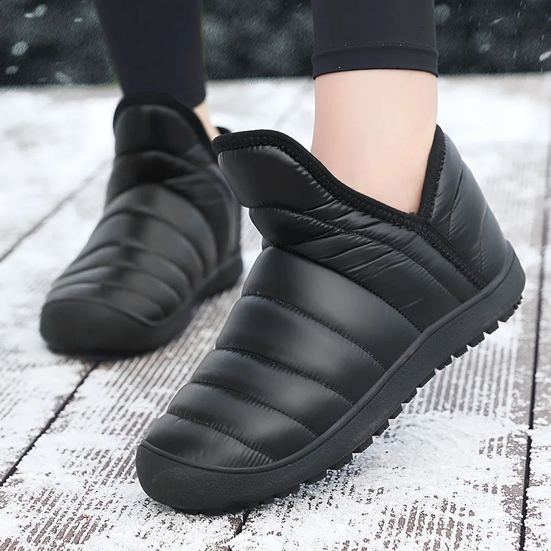 

Ветрозащитная повседневная хлопковая обувь, мужские модные зимние ботинки без шнуровки, пуховые термошарики, женские лоферы на резиновой подошве с принтом, походная обувь