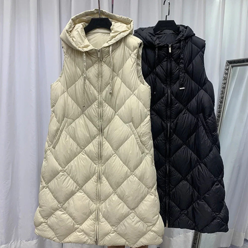 Down Jacket Women 2023 New Luxury Women Down Coat Sleeveless Vest Belted Hooded Diamond Lattice Thicken Warm Puffer Waistcoat