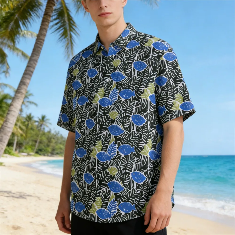 Men Short Sleeve Casual Beach ​Hawaiian Shirt Blue White Sea Wave Print Summer Shirt Lightweight Button Down Shirt for Vacation
