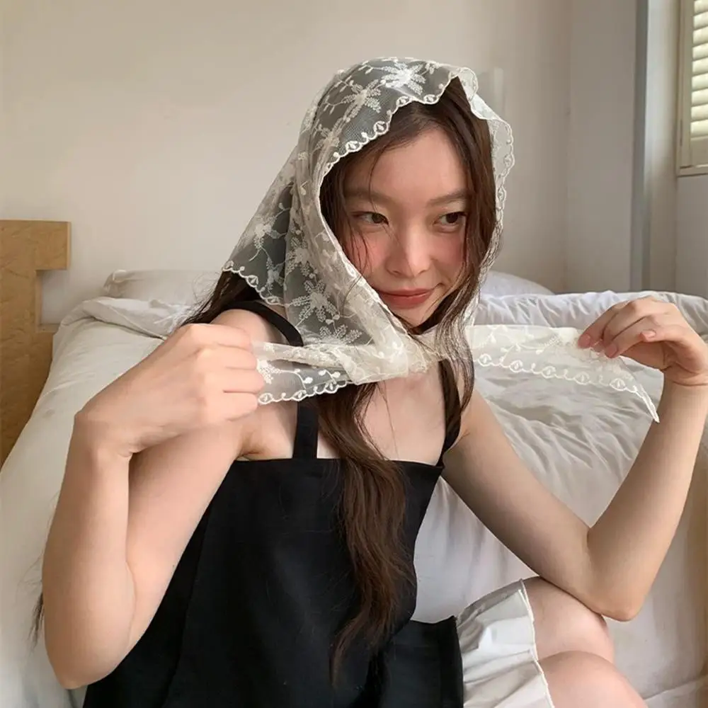 المرأة رقيقة الدانتيل الثلاثي وشاح الصيف الأزهار الدانتيل الشعر وشاح يلتف الفرنسية الرجعية الحجاب عقال وشاح حريري صور الدعائم