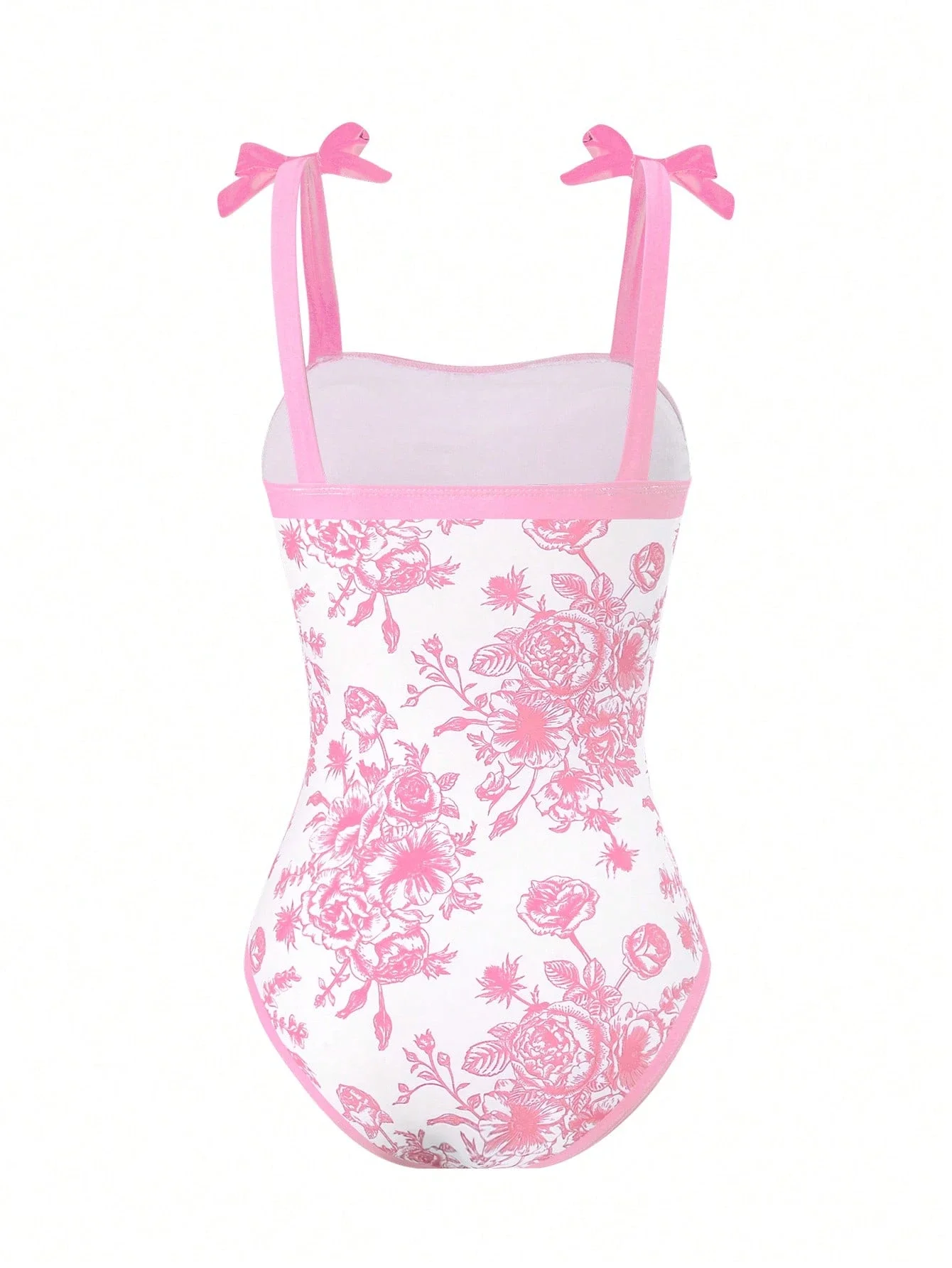 

Pink Floral One-Piece Swimsuit With Adjustable Bow Straps And Sheer Trim For Teen Girls