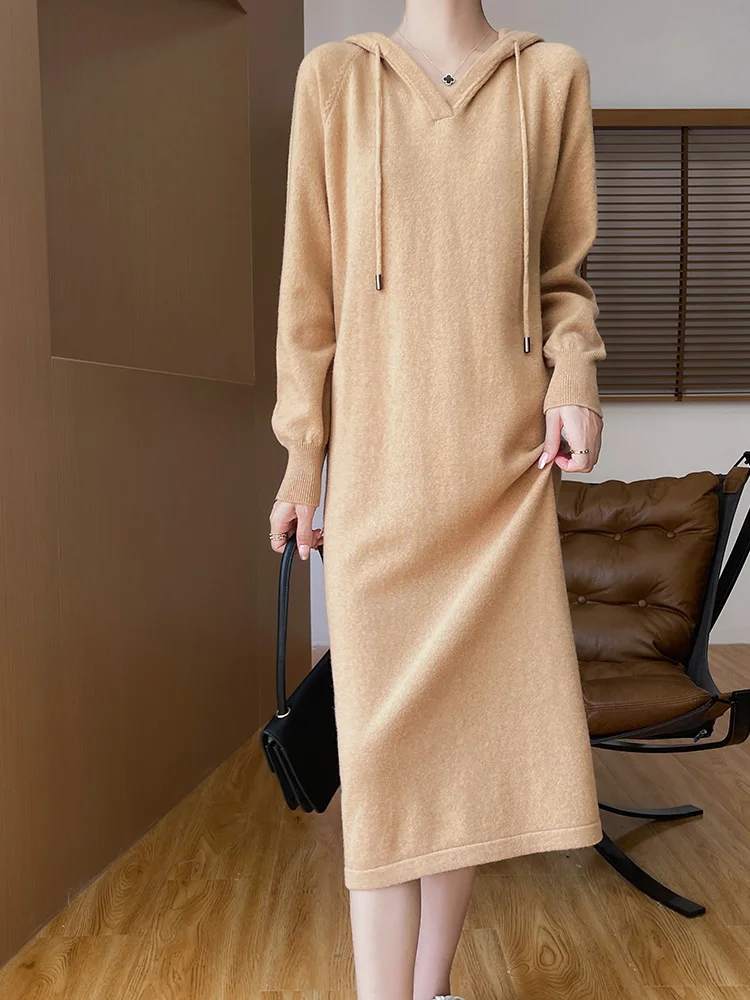 

Women's Wool Dress Long Sleeve Knit Hoodie Pullovers 100% Merino Wool Autumn Winter Leisure Dress Long Sweater Hooded Skirt