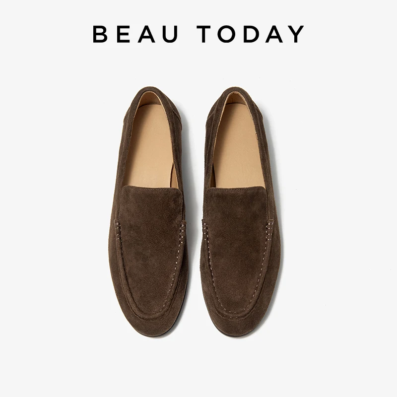BEAUTODAY Mocassin Loafers Women Sheep Suede Leather Slip-on Sewing Solid Color Round Toe Flats Ladies Shoes Handmade 26286