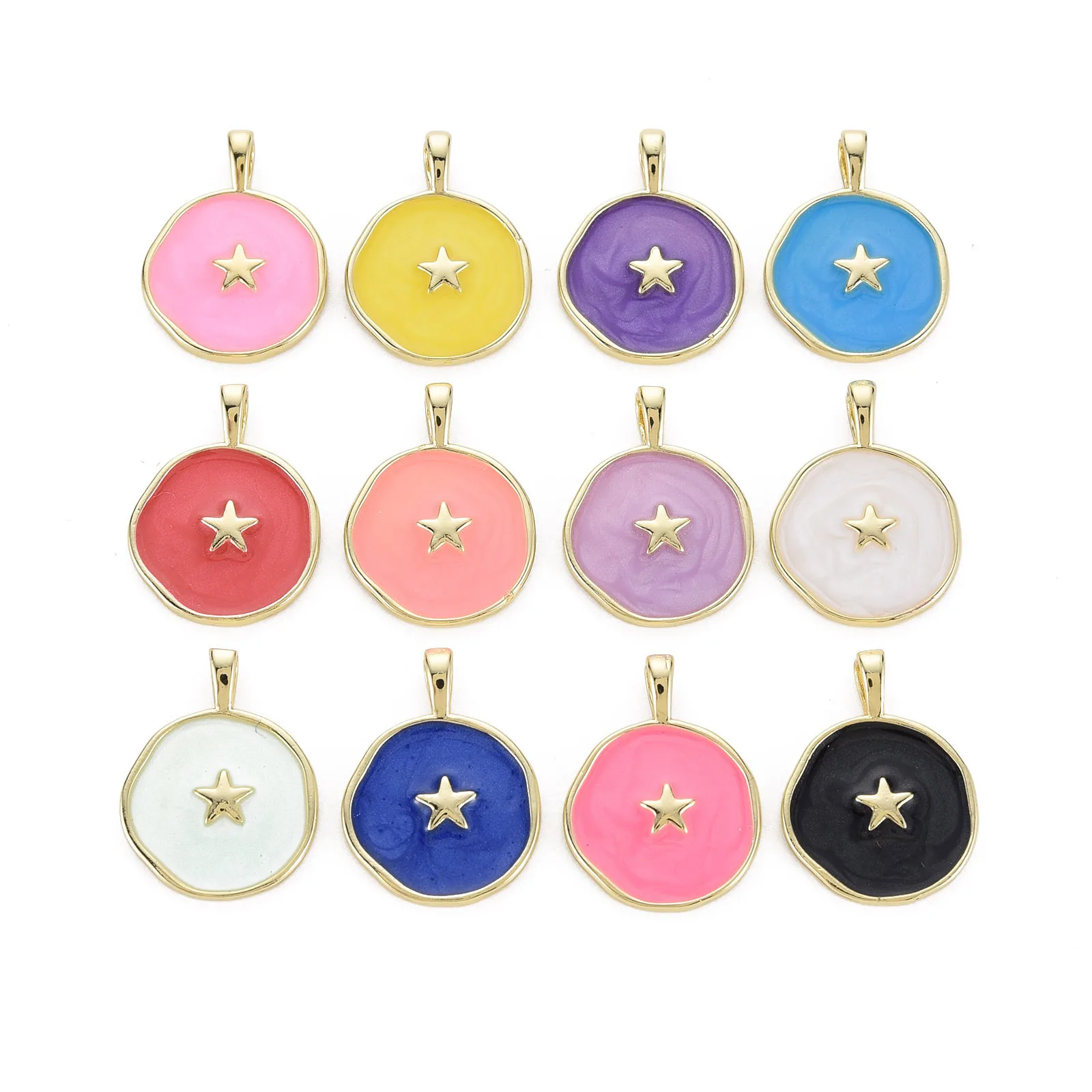 5pcs Flat Round Star Charms Brass Enamel Pendants Multicolor for Women DIY Bracelet Necklace Earrings Jewelry Making Supplies