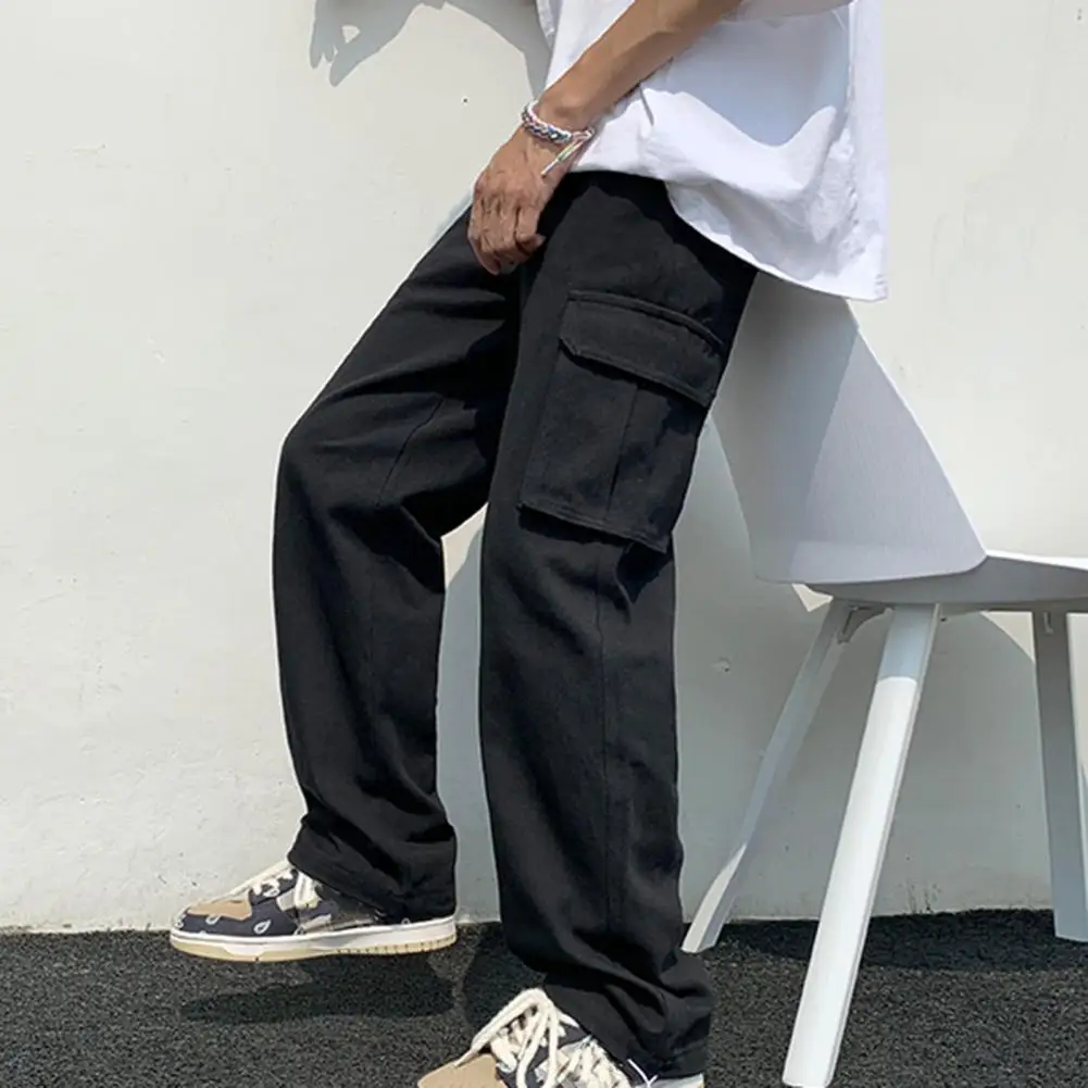 Trendy Pure Color Elastic Waist Men Pants Energetic Men Cargo Pants Multi Pockets Elastic Waist Men Trousers Clothes