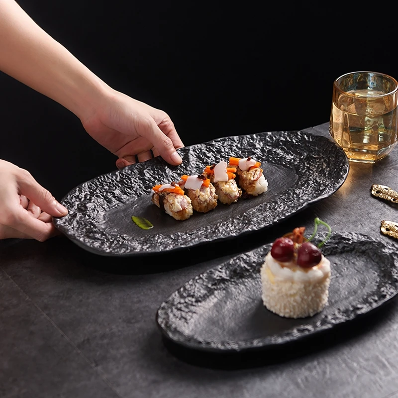 

Creative Black Oval Fish Plate Ceramic Household Salad Plate Western Food Plate Steamed Fish Dishes in New Restaurants Andhotels