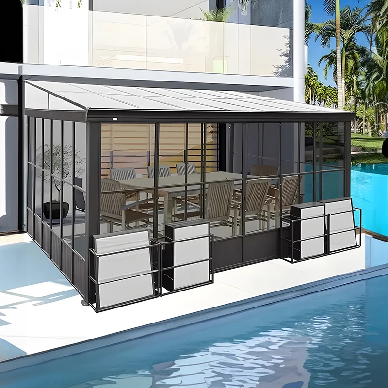 Aluminum Flat Roof Sunroom Kit with Tempered Glass Frame for Natural Light Conservation Glass House Conservatory for Patio Balco
