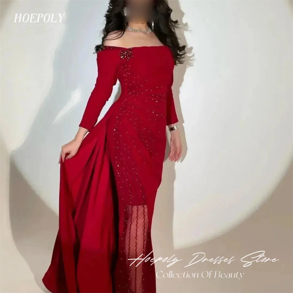 

Hoepoly Luxury Pleat Crystal Strapless Full Sleeve Mermaid Long Evening Dress Formal Classy Floor Length Sweep Train Prom Gown