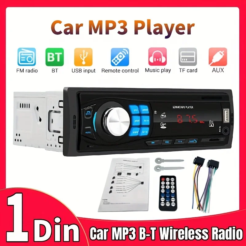 1Din Car MP3 Player with Wireless, Wireless FM Radio,USB/TF/AUX,LCD Screen - Plug & Play Multimedia Stereo for All,Trucks, SUVs