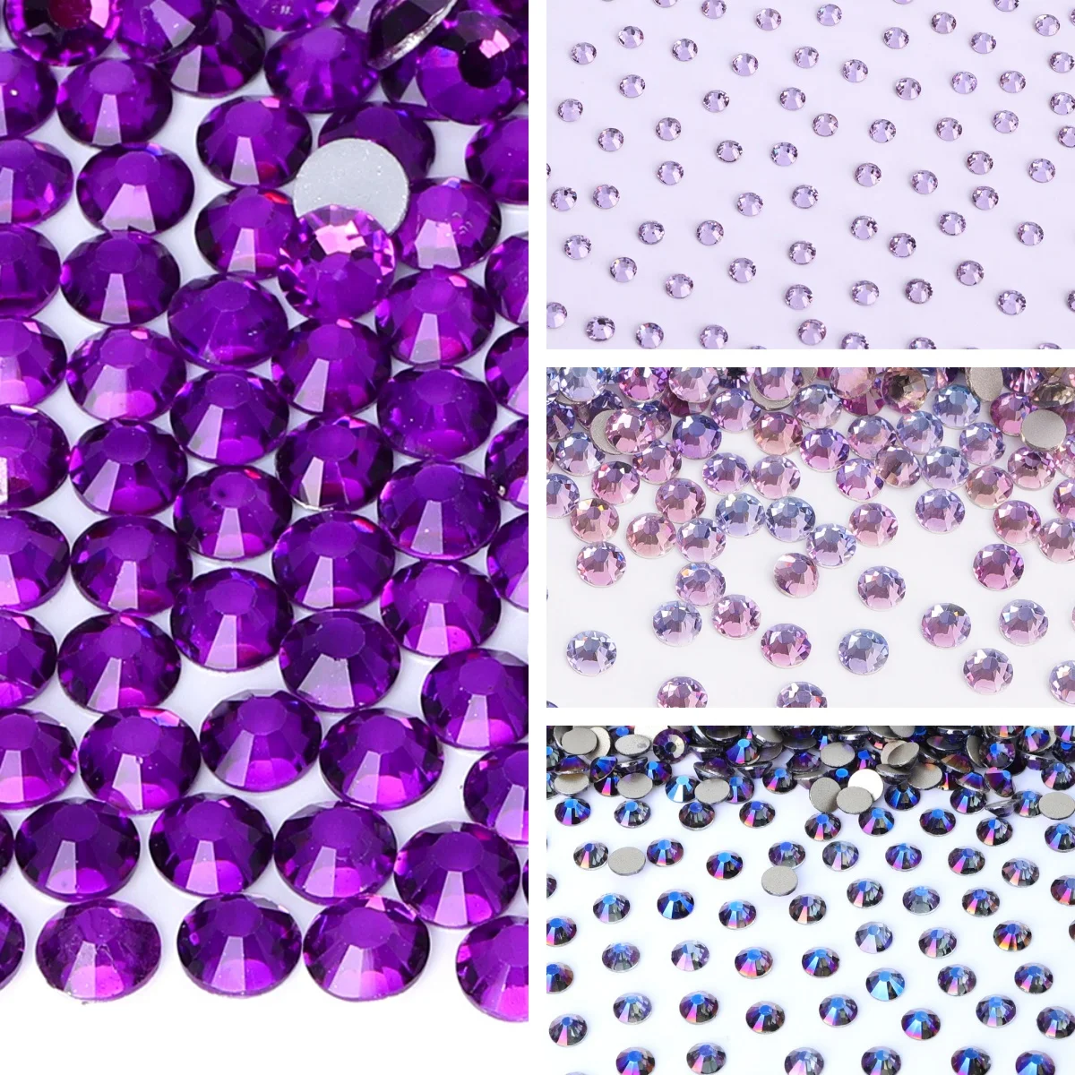 SS6-SS30 התחתון כסף זכוכית סגול עגול אבני חן מחמאות בסיס notfix מסמר אמנות קריסטל לקישוט בגדים