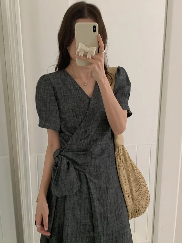 

Retro One-Piece Cotton Linen Dr Women's Summer New Belt Waist Inward ort Sve Long Dr Slimming Effect Pure Color