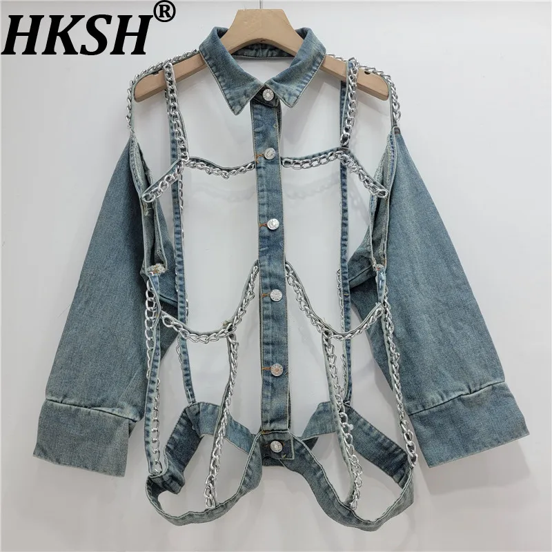 

Женская джинсовая куртка HKSH с пэчворком, цепями и вырезами, на одной пуговице, с длинными рукавами, в стиле Y2K, хип-хоп, повседневная, весенняя, HK21401