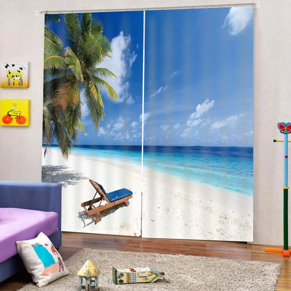 strandgordijnen blauw gordijn natuur kunstprint, gordijnen woonkamer slaapkamer decor 2-panelen haken raamgordijnen