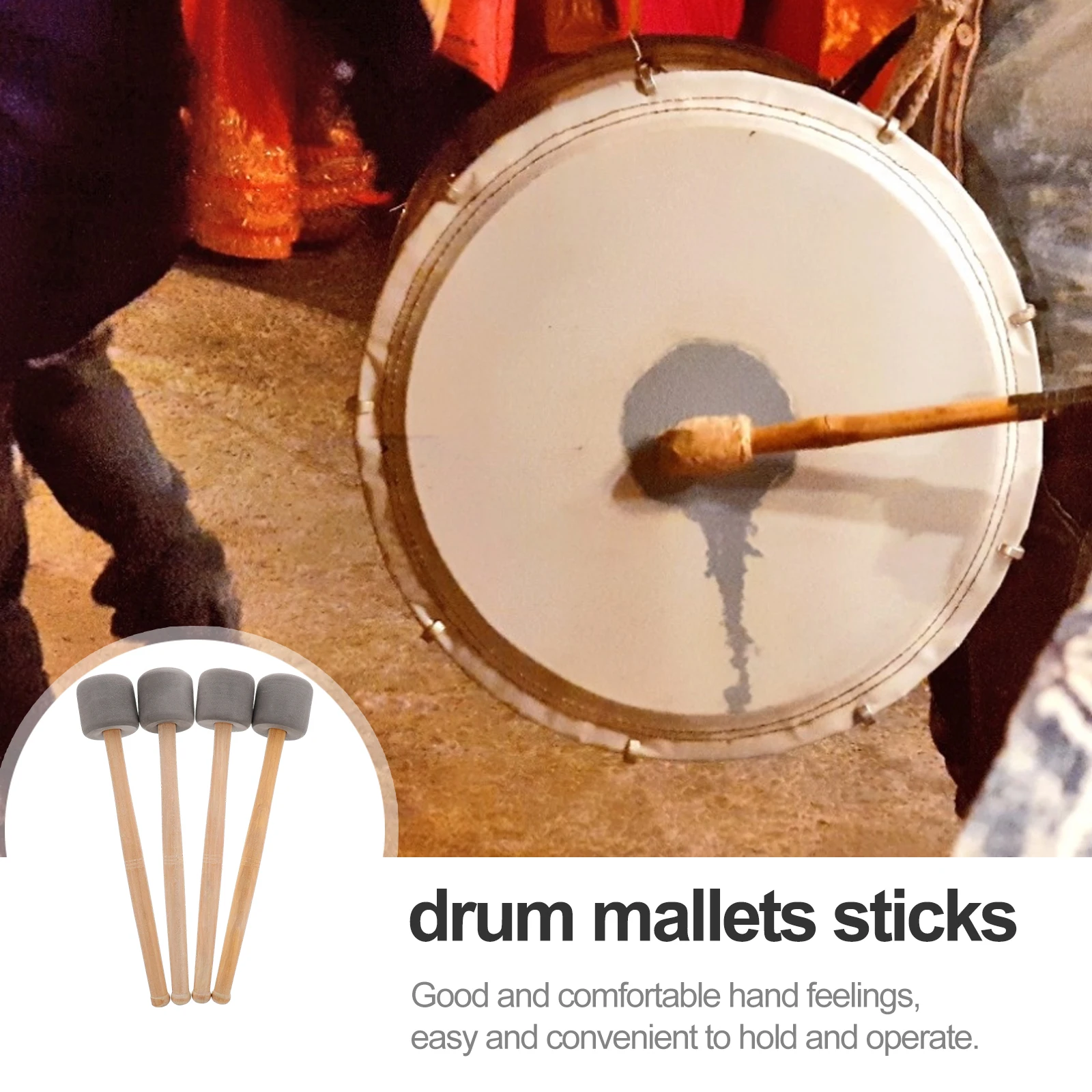 

4pcs Mallets Sticks Wood Handle For Bass Drum Percussion Instrument Accessory Durable Replacement Compact Bass Drumstick Drum