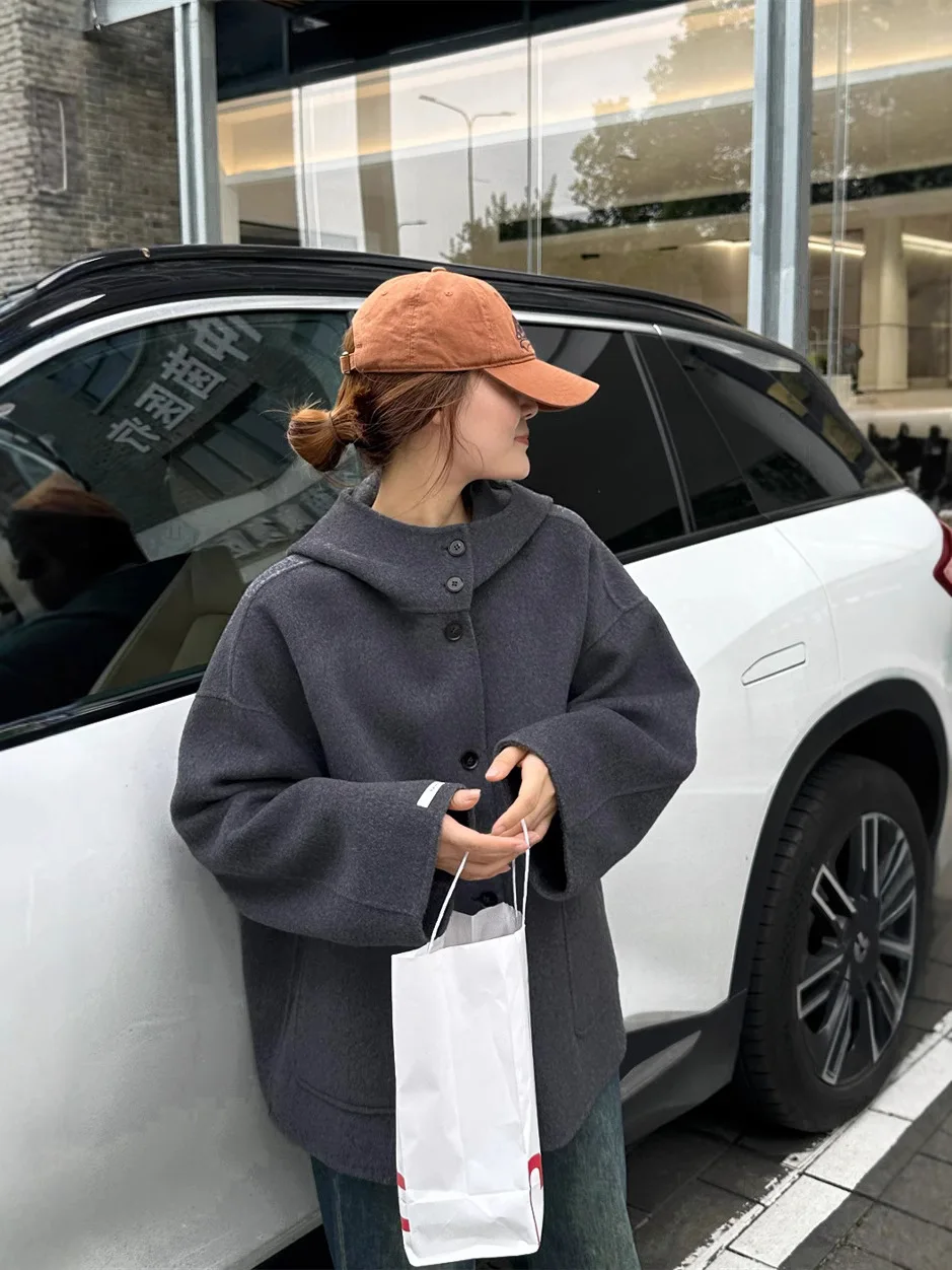 المرأة الخريف الشتاء الصوف مقنعين طويلة الأكمام واحدة الصدر معطف فضفاض سيدة الشارع الشهير جيوب دافئة الصوف أبلى