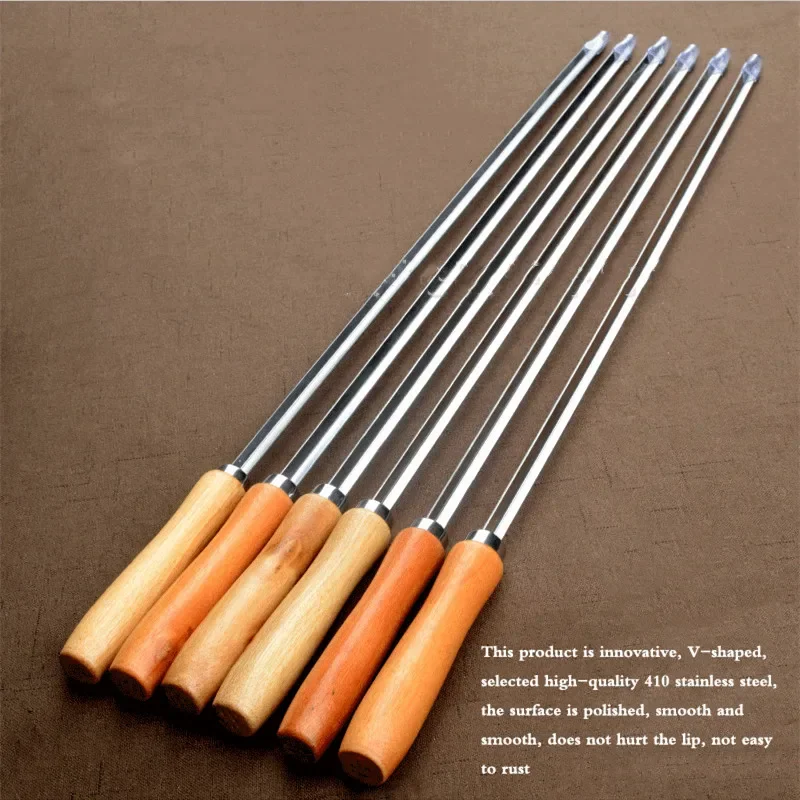 6pcs 50cm BBQ Skewers V-type Long Handle Shish Kebab Barbecue Grill Stick Wood BBQ Fork Stainless Steel Outdoors Grill Needle