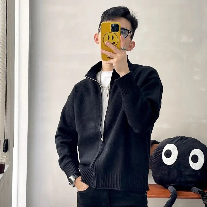 

Мужской и женский свободный вязаный кардиган с воротником-стойкой — винтажный однотонный свитер большого размера на осень/зиму, повседневный и стильный