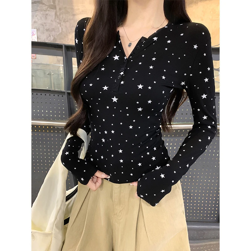 MosesQueen Star Print Long Sleeve Slim Fit T-Shirt Button Placket Casual Wear Comfortable round Neck Top for Women