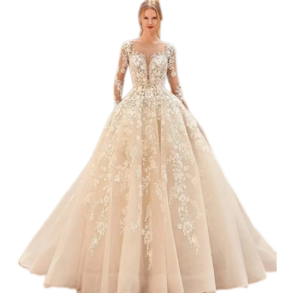 Robe de mariée en dentelle avec appliques A-Line pour les patients, manches longues, bouton arrière, train de cour, magnifique, luxe, éducatif