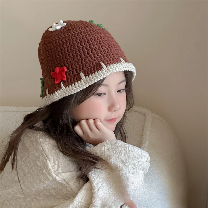 Little Girls Knit Bucket Hat, Handmade Crochet Cap with Lovely Star Design, Warm Yarn Hat Beannie Baby Girls Knitted Bonnet