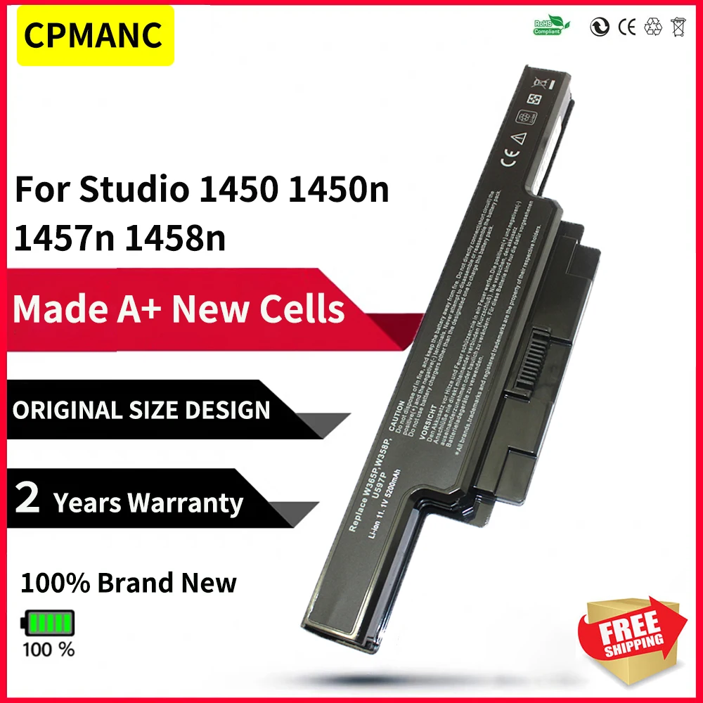 CPMANC 델 스튜디오용 노트북 배터리, 4400mAh, 11.1v, 14 1450, 1450n, 1457 1458, 1558R, W358P, U597P, W356P, N998P, 312-4000, 312-4009