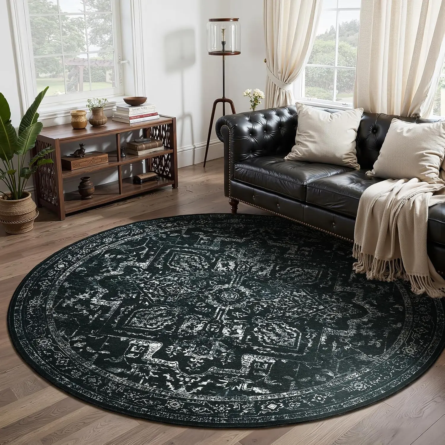 Circular Round Area Rug Persian Moroccan Style Vintage Distressed Traditional Pattern Design Decorative Floor Carpet for Living