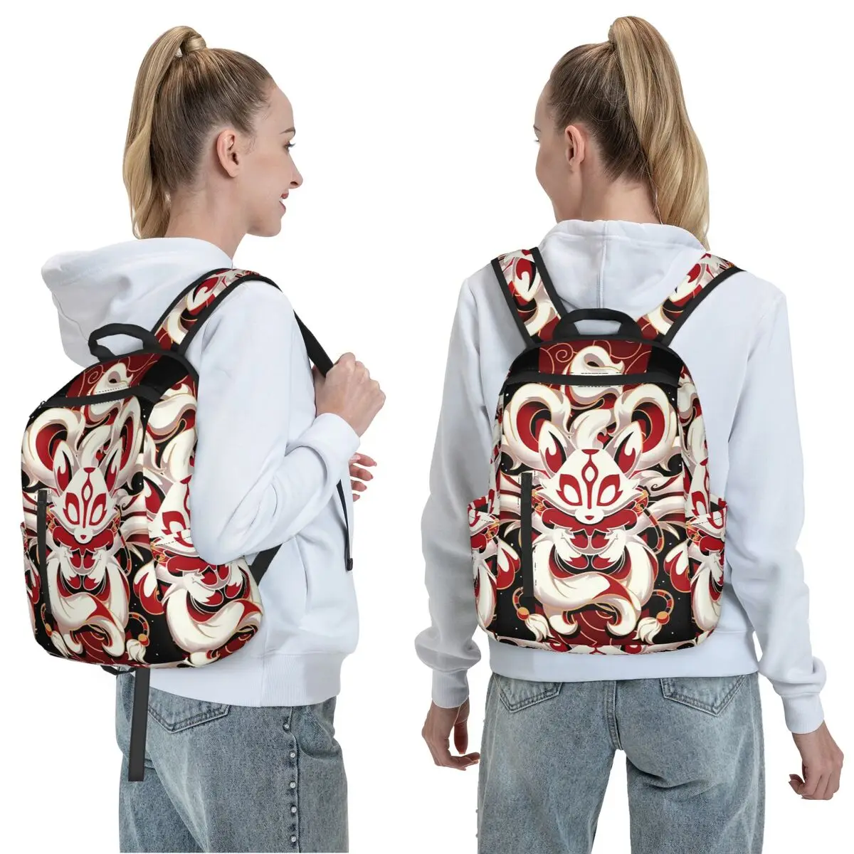 Fox Spirit Kitsune Japanese Kabuki Backpack Daypack Large Capacity Children BookBag School Bag Shoulder Bags for Men Women