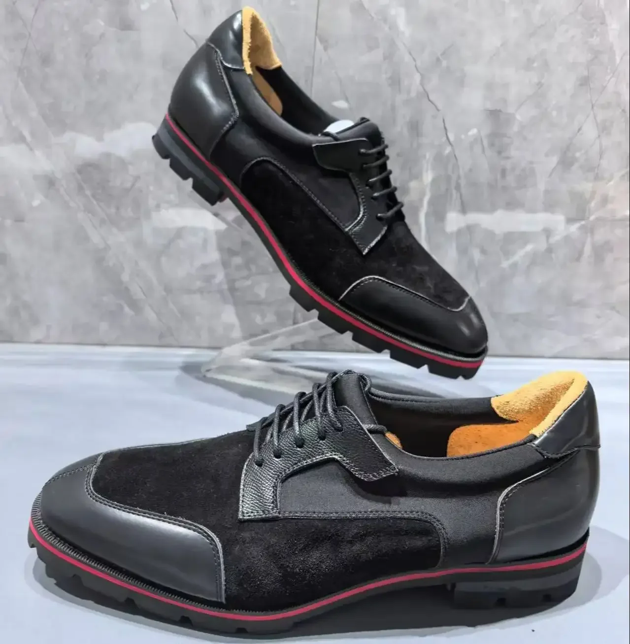 Red Sole Sewing Business Suit Tacones Male Size 40-48 Lace-Up Chaussures Mature Black Leather Patchwork Suede Men's Single Shoes