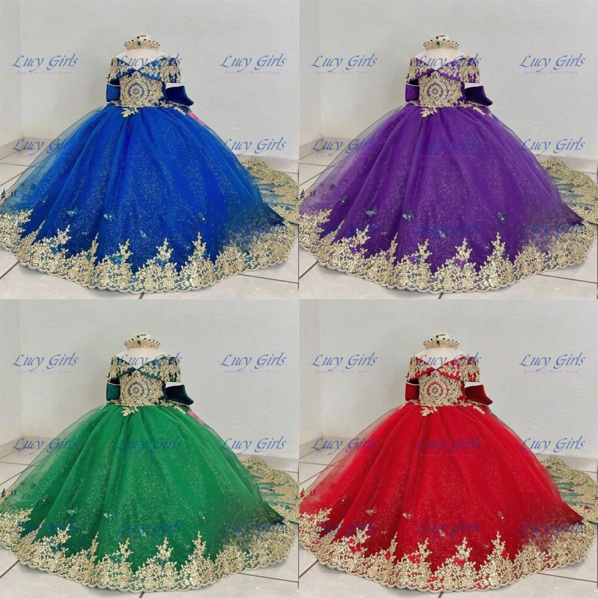 

Luxury Quality Gold Lace Applique Flower Girls Dress Tulle Puffy For Little Princess Birthday Party Evening Ball Gowns