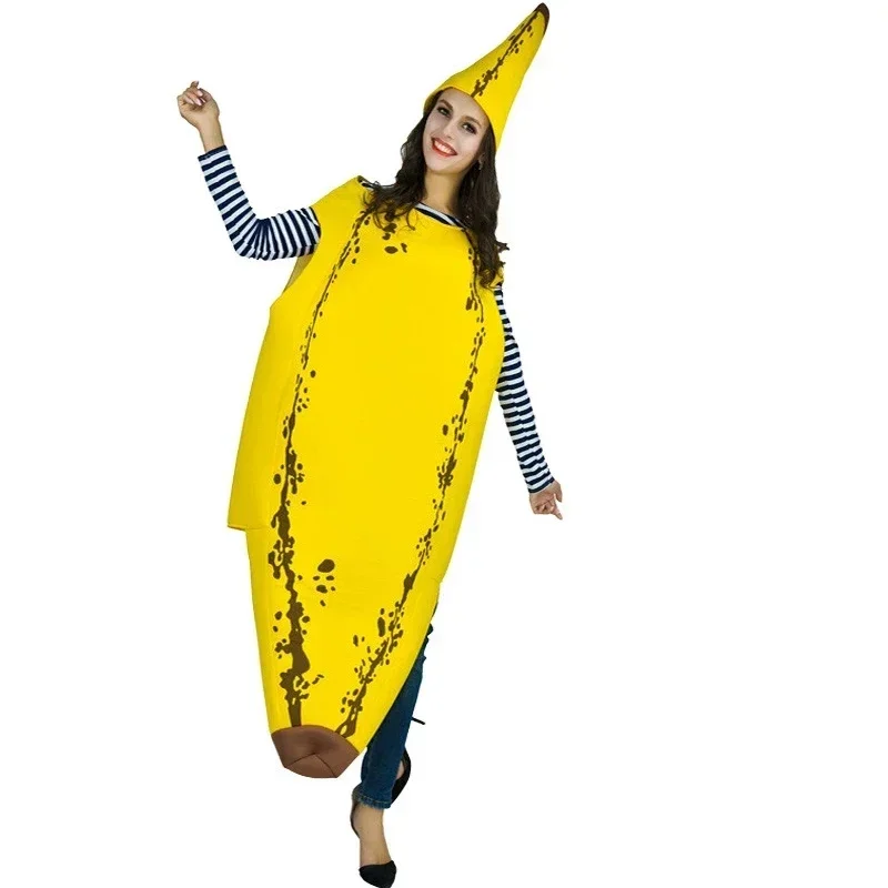 Puirm Kids and Adult Woman Man Banana Costume Halloween Party Cosplay Funny Food Banana Jumpsuit Fancy Dress Parent-Child Outfit