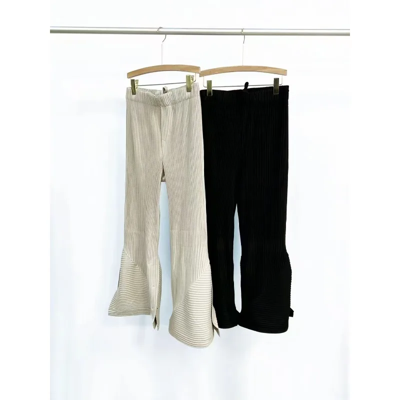 Miyake Pleated Slit Flared Pants Men Solid Color Unisex Original 2025 Spring and Summer New Pants Casual Versatile