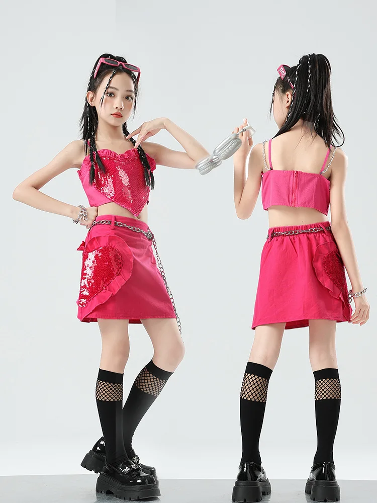 K-pop Clothes Girls Jazz Dance Costume Kids Dance Show Tide Costume Set Pink Set Vest + Skirt Girls Street Dance Clothes