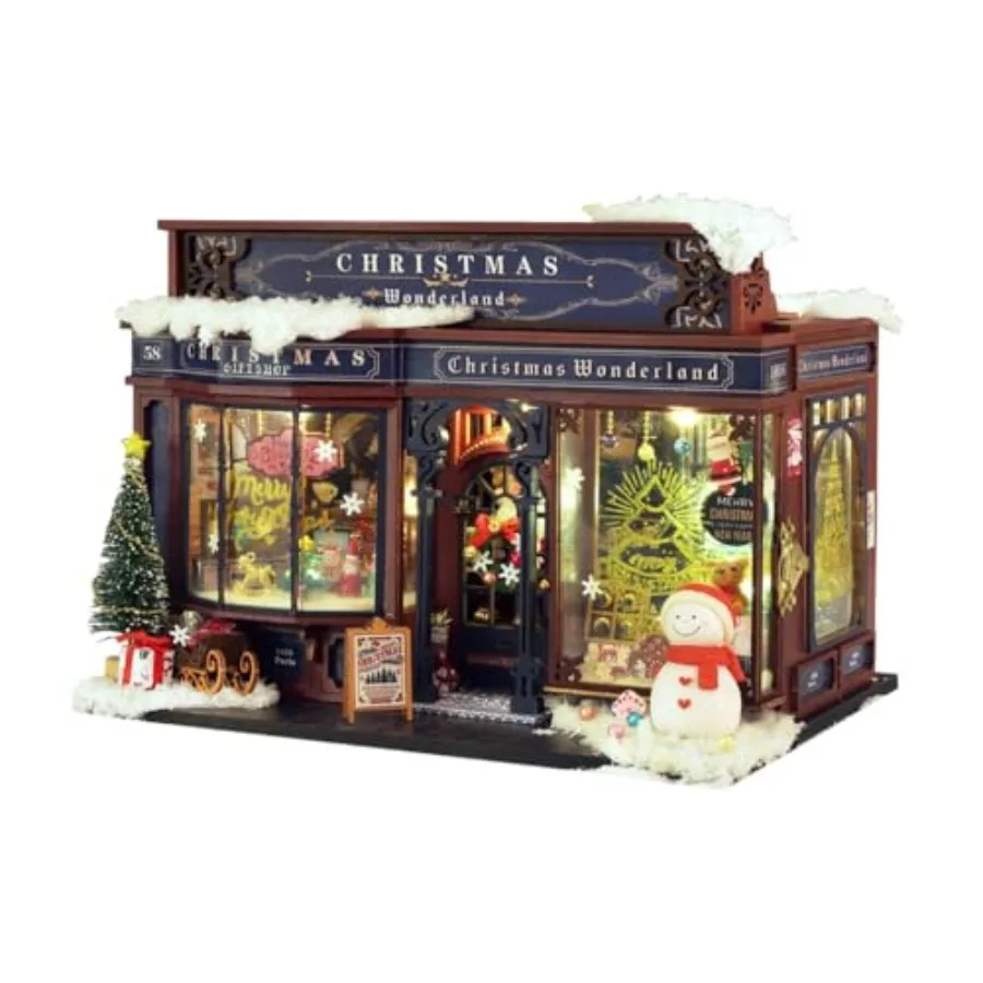 

Christmas Wonderland DIY Miniature House Kit: Wood, Red White, Music LED Lights for Holiday Storefront Decor