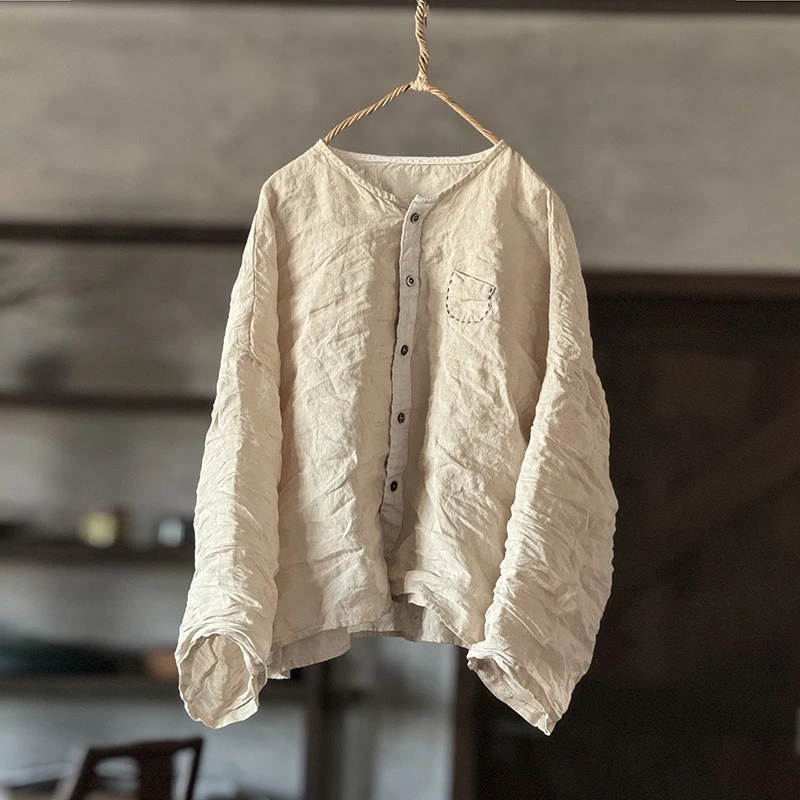 여성 긴 소매 리넨 셔츠 새로운 도착 2025 봄 빈티지 스타일 오-넥 느슨한 편안한 여성 캐주얼 탑 셔츠 T495