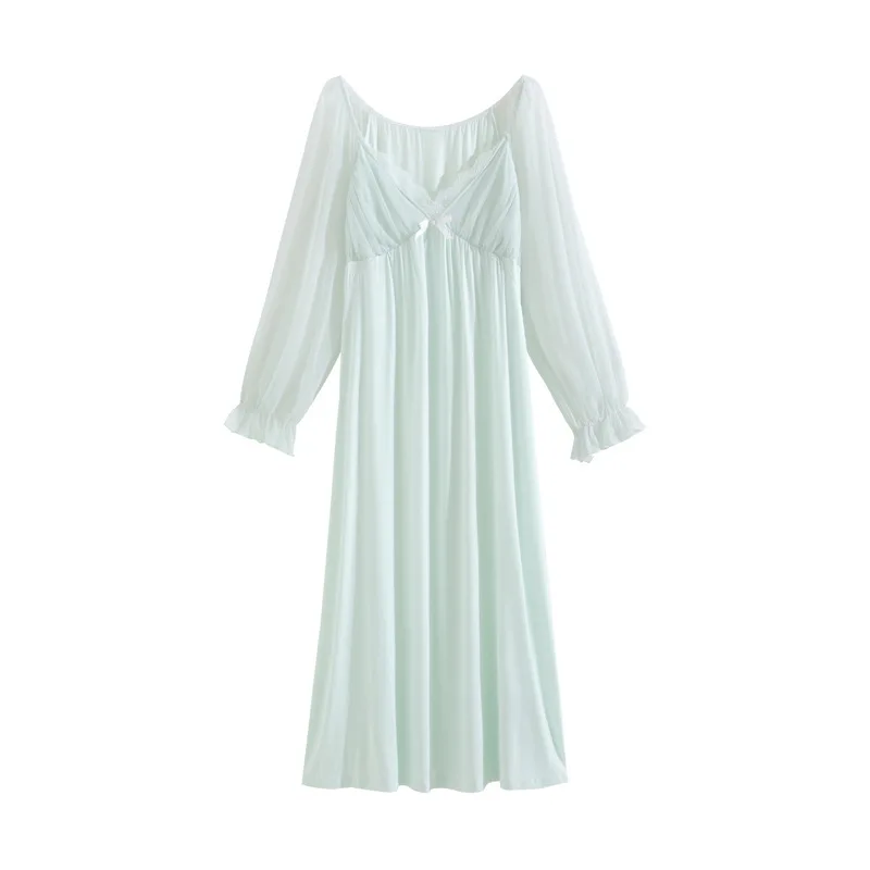Women Ladies Fairy Ruffles Silk Princess Nightgown Summer French Sweet Vintage Princess Mesh Long Sleeve Nightwear Sleepwear