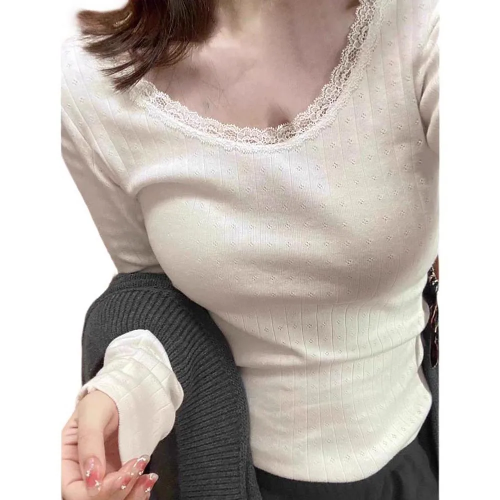 レーストリムとリボンディテールが付いた女性用長袖ニットTシャツ、ストリートウェアに最適です。