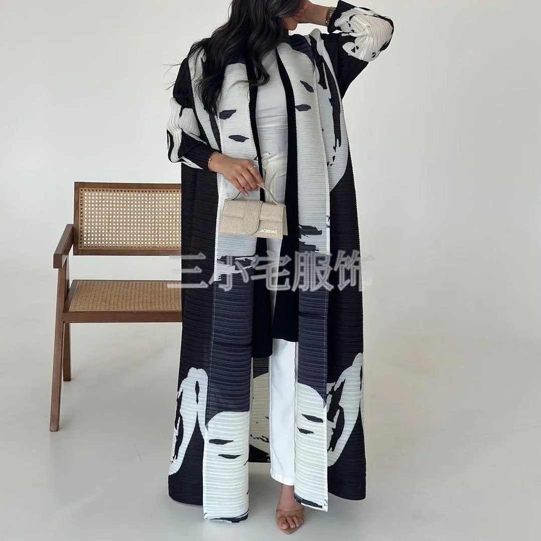 ALSEY Pleated Women's Long Abayas Middle East Dubai Style Loose Plus Size Robe Cardigan Tie Design Dress 2024 Fall New