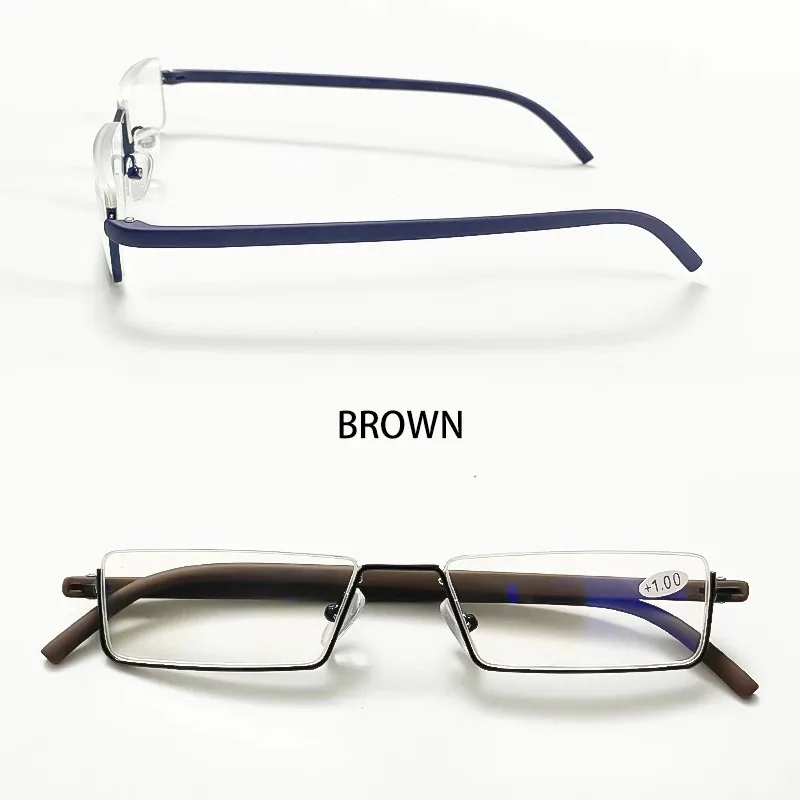 Anti-Blaulicht-Lesebrille für Herren, Retro-Metall-Halbrahmen, quadratische Presbyopie-Brille für Unternehmen, +125+175+225+275 – Detail 20