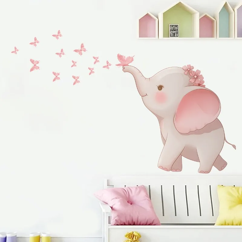 Pink Dream Butterfly Elephant Cartoon Decoration Wall Stickers Self-adhesive for Children Room Living Room Background Decal