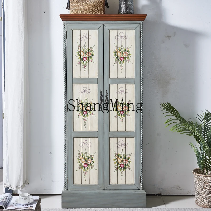 

FG retro solid wood with mirror high cabinet home entrance vertical shoe cabinet large capacity bedroom double door wardrobe