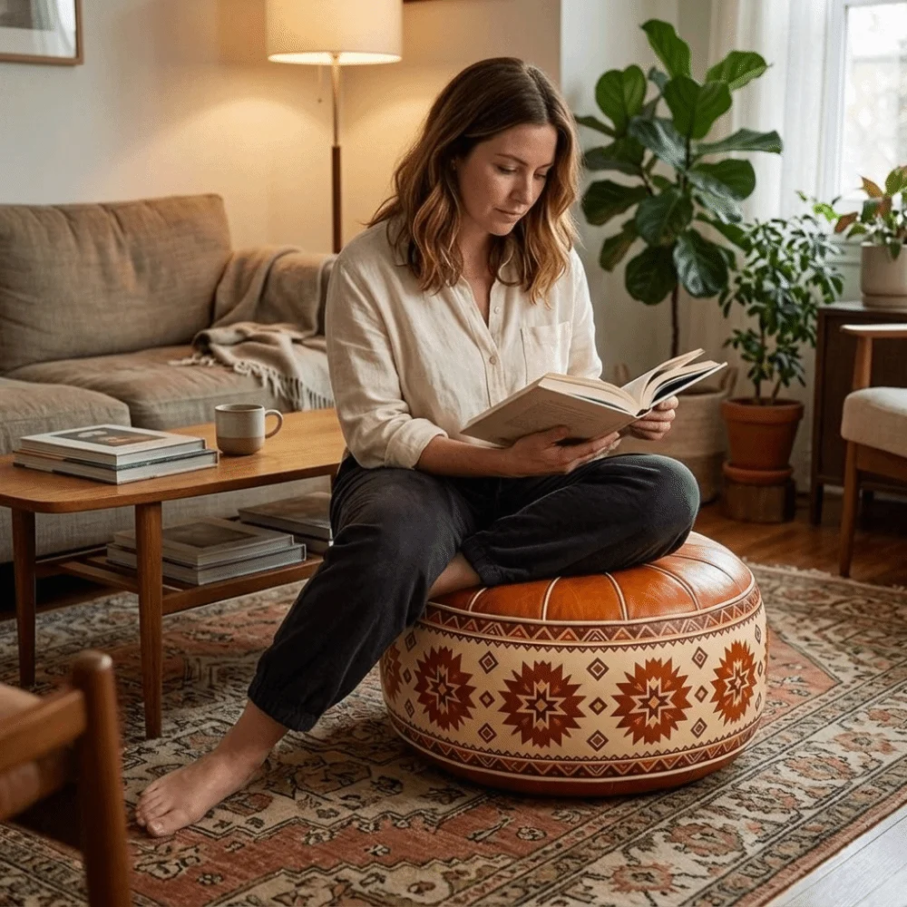 Boho Style Sofa Stool Cover Unstuffed Waterproof Storage Ottoman PU Leather Large Capacity Round Footstool Cover Living Room