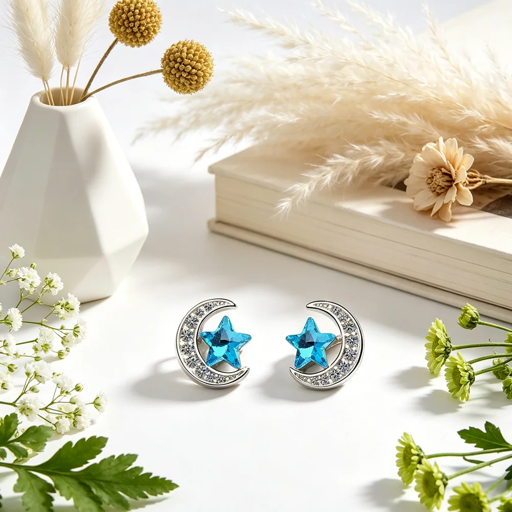 

Female Jewelry Trendy Fashion 925 Sterling Silver Shinning Crystal Star Moon Cubic Zirconia Stud Earrings For Women Girl Gifts