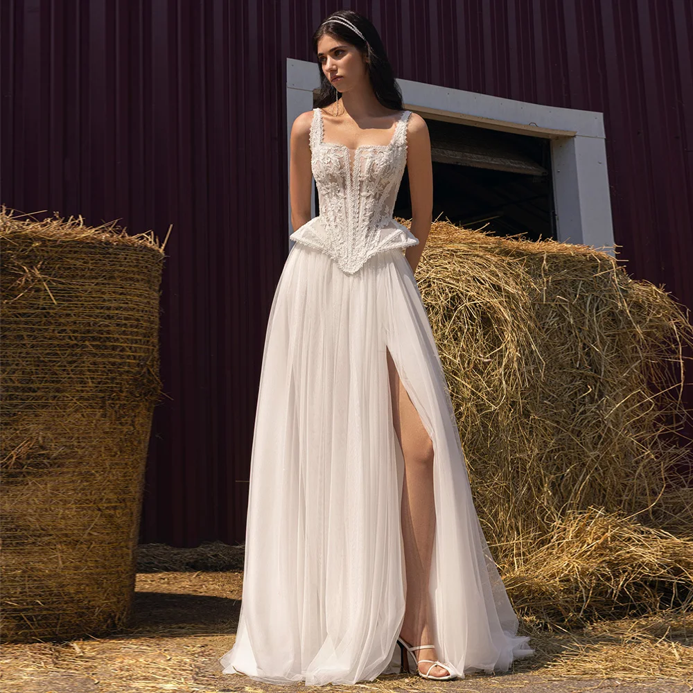 Customized Tulle Side Slit Civil Wedding Dress Modern Women Tulle Square Collar Appliques Lace A-Line Sleeveless Bridal Gowns