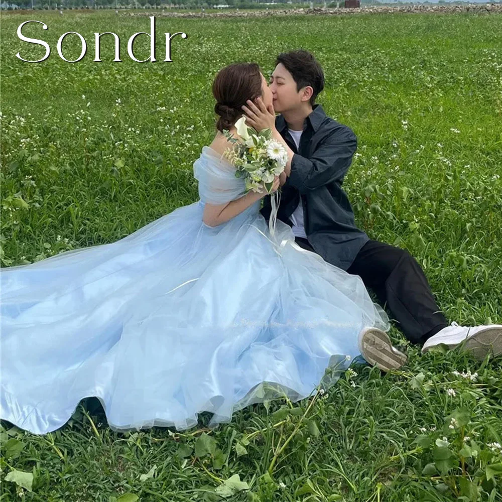 

Sondr Customized Elegant Sky Blue Tulle Evening Dresses Korea Lady Wedding Photoshoot Off Shoulder Floor Length Prom Dress