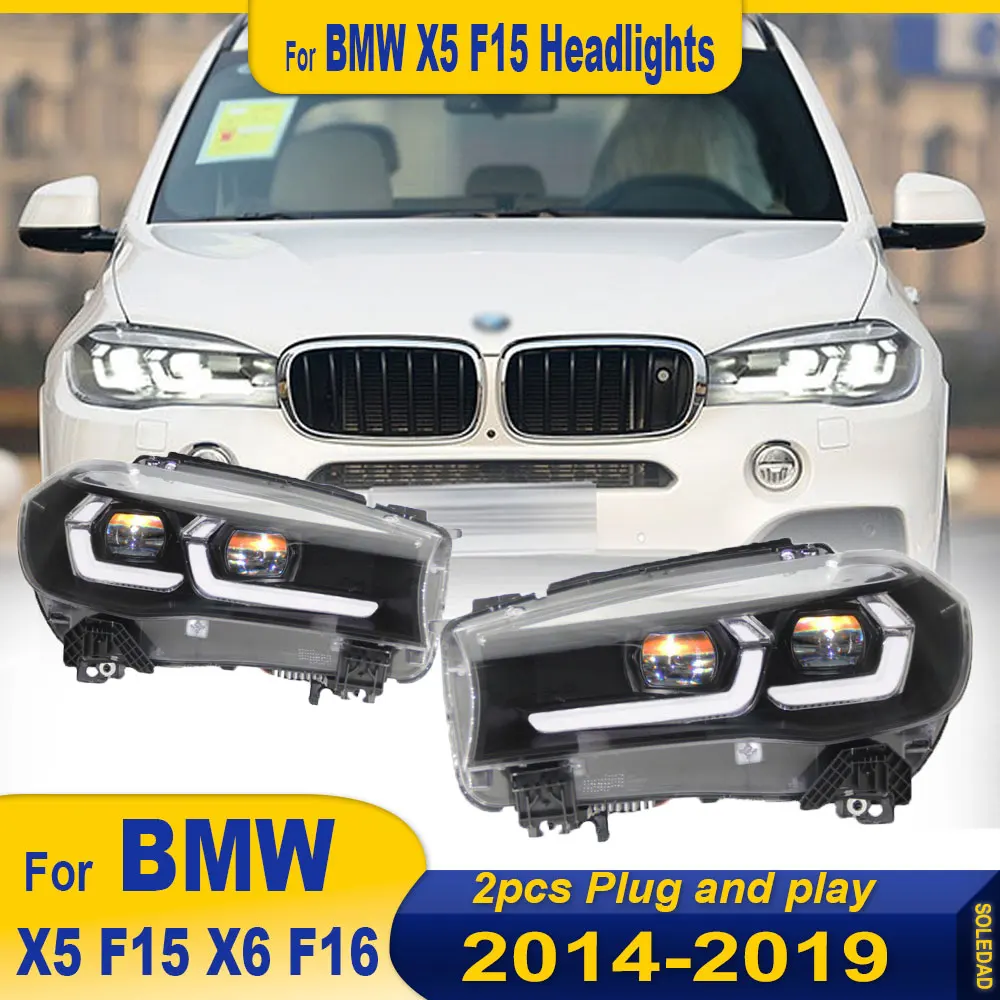 2pcs Car Styling HeadLamp for BMW X5 F15 Headlights 2014-2019 X6 Angel Eye Headlight LED DRL Signal Lamp Automotive Accessories