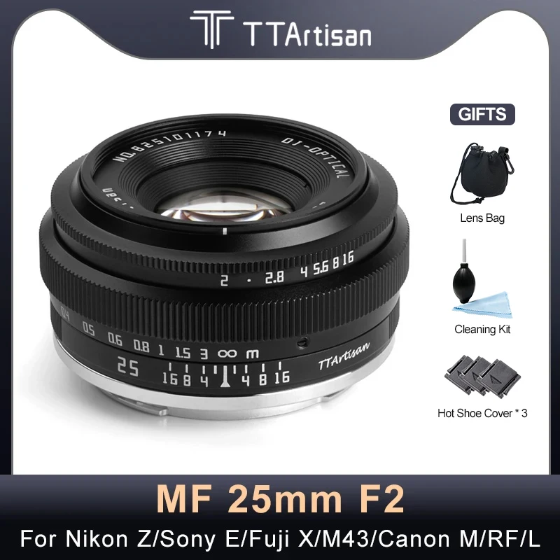 

TTArtisan 25mm F2 Manual Focus Camera Lens for Sony E Fujifilm XF Nikon Z L Mount M43 Mirrorless Camera Lens xt20 xt30 xs10 xt3