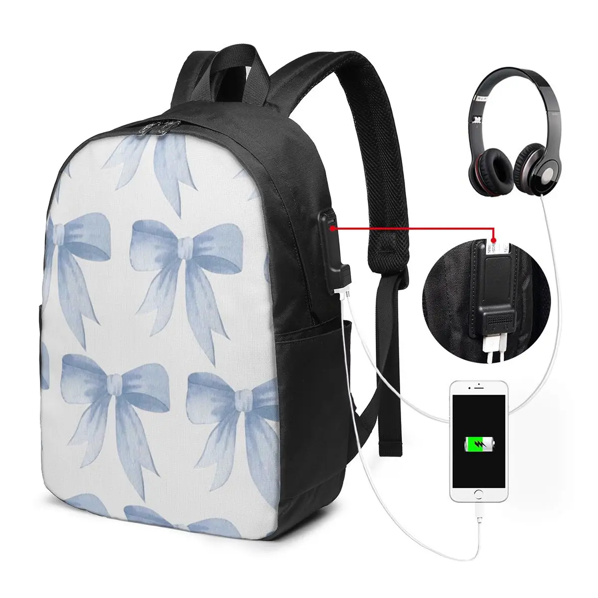 Blue Bow Sketch Painting Pattern Backpack Travel Notebook Bag Computer College Student School Bag Laptop Shoulder Bags Men Women